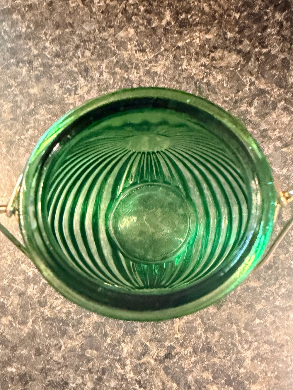Green Pressed Glass Sunburst Vase with Metal Handle - Picture 3 of 8